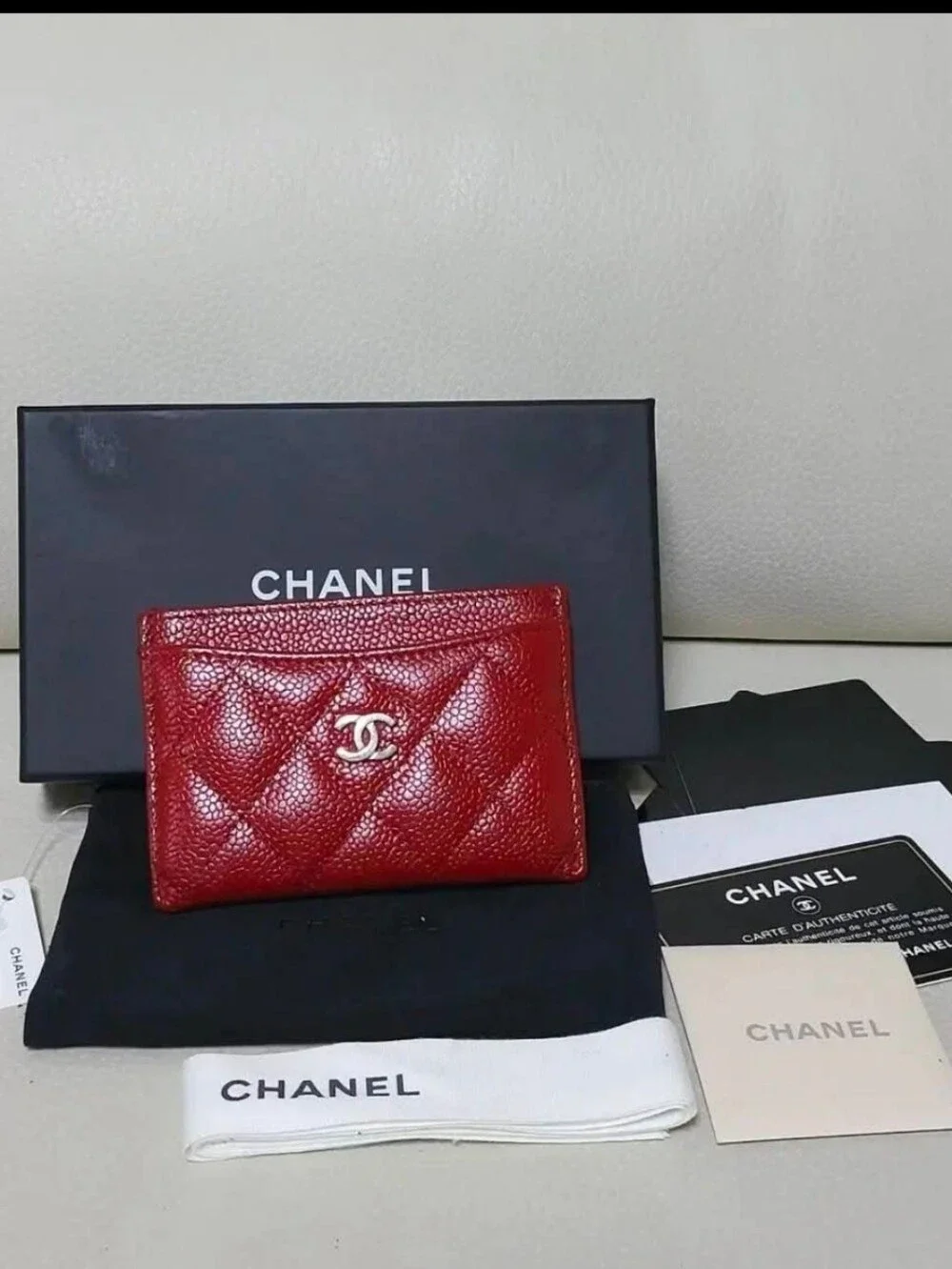 CHANEL Red Quilted Caviar Leather Card Case with Silver CC